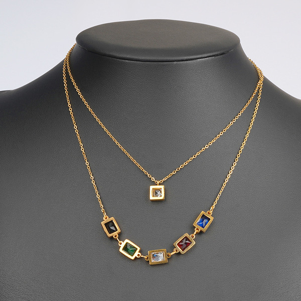 Collier double rang femme en acier inoxydable avec zircon coloré