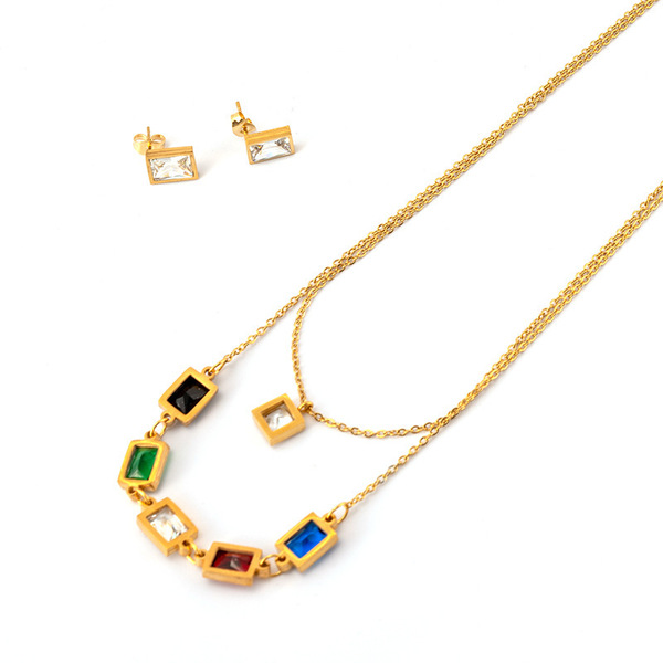 Collier double rang femme en acier inoxydable avec zircon coloré