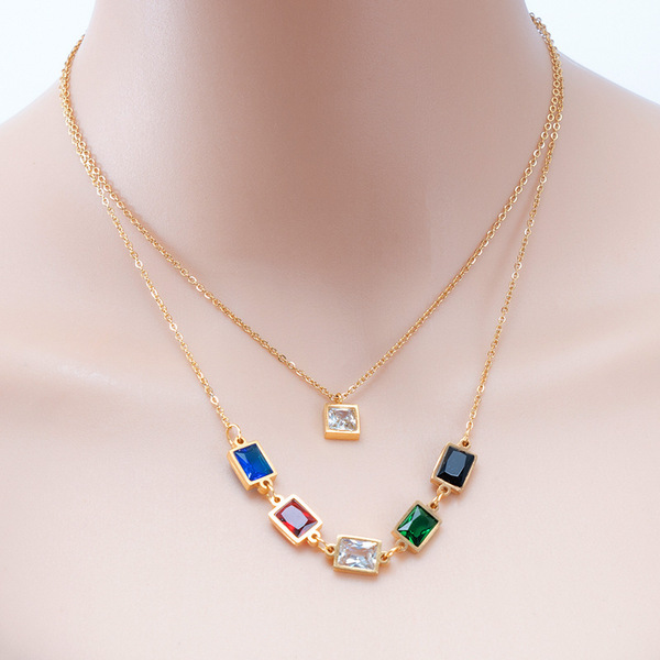 Collier double rang femme en acier inoxydable avec zircon coloré