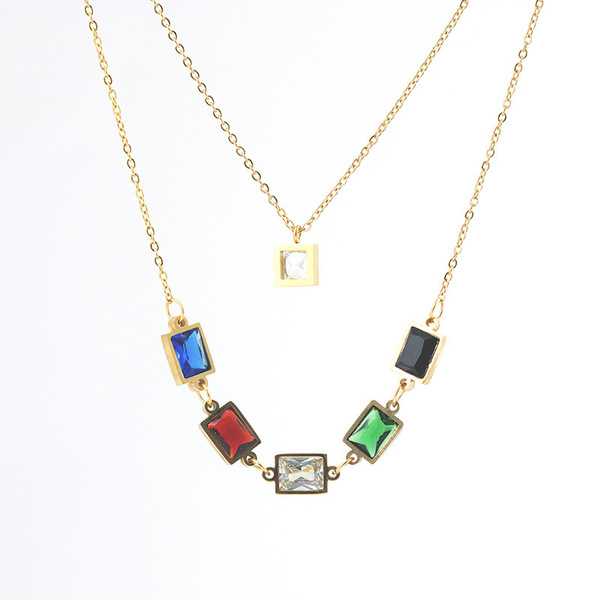Collier double rang femme en acier inoxydable avec zircon coloré