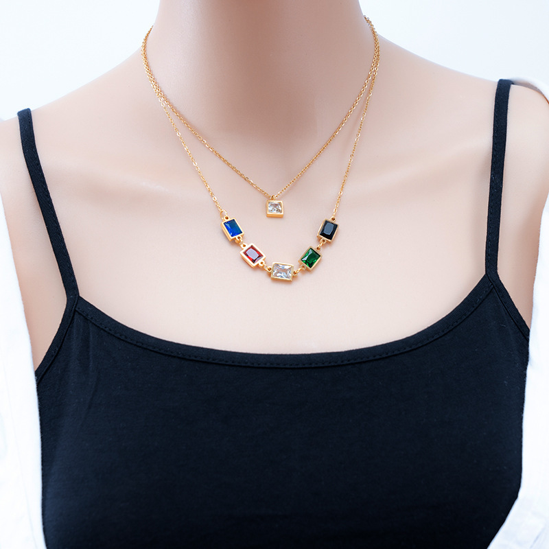 Collier double rang femme en acier inoxydable avec zircon coloré