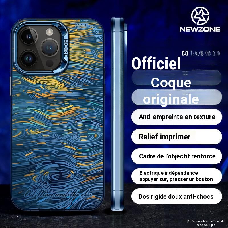 Coque antichoc pour iPhone 16/15/14 motif peinture à l'huile relief argent