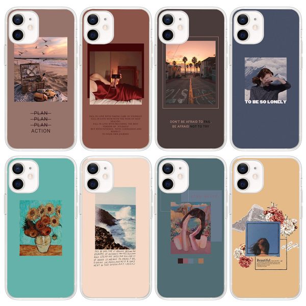 Coque arrière transparente antichoc pour iPhone 13 à 15, motif artistique