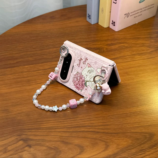 Coque de protection Huawei Pura X Max motif chat bouquet rose et chaîne