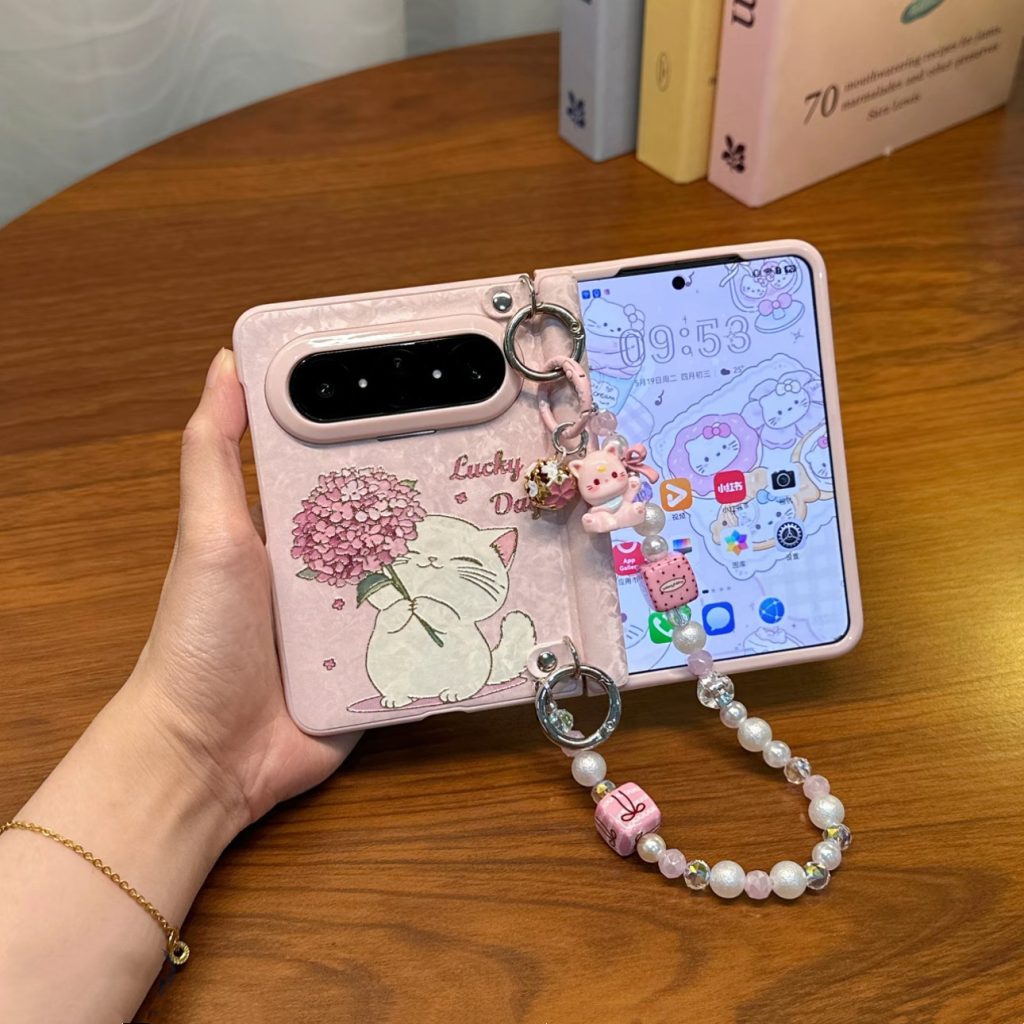 Coque de protection Huawei Pura X Max motif chat bouquet rose et chaîne
