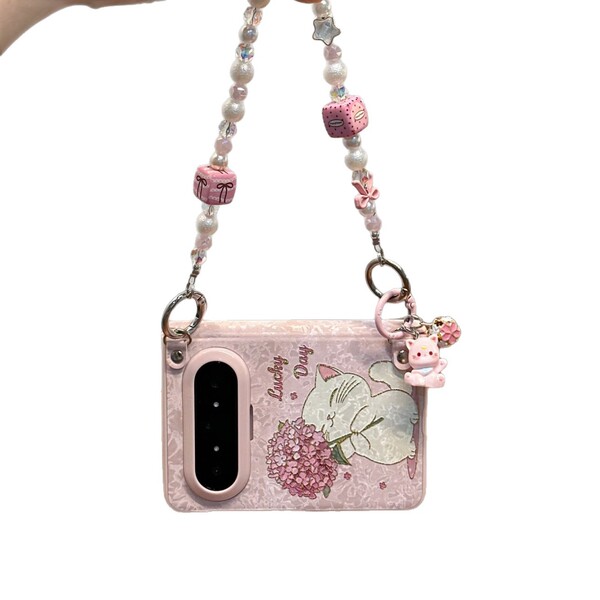 Coque de protection Huawei Pura X Max motif chat bouquet rose et chaîne