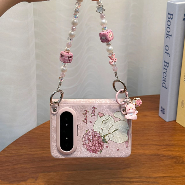 Coque de protection Huawei Pura X Max motif chat bouquet rose et chaîne