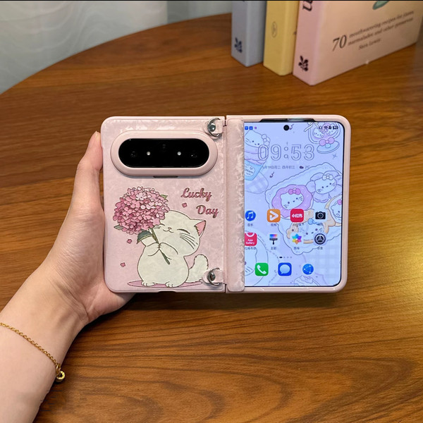 Coque de protection Huawei Pura X Max motif chat bouquet rose et chaîne