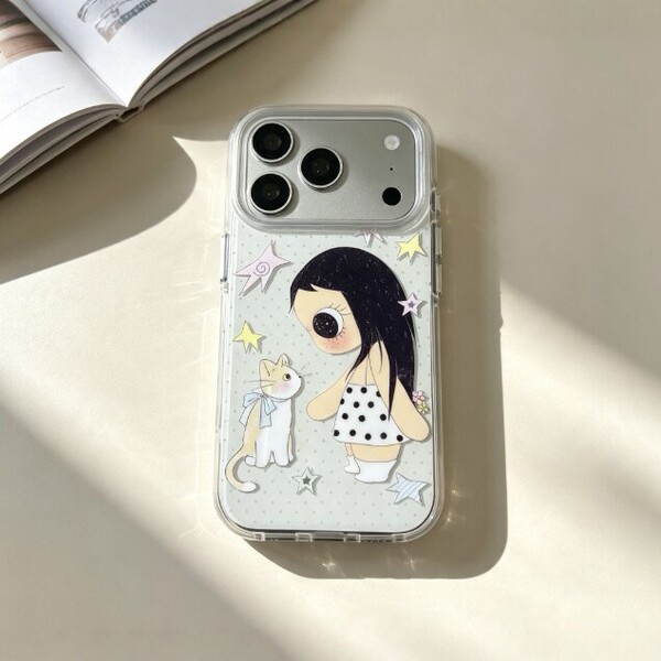 Coque de téléphone souple avec motif chat fille pour iPhone 15, 16, 17