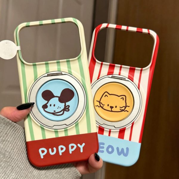 Coque iPhone 16/17/18 avec support rotatif 360° et motif chat cartoon