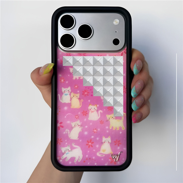 Coque iPhone 17 Pro Max motif chat avec rivets, style sud-américain