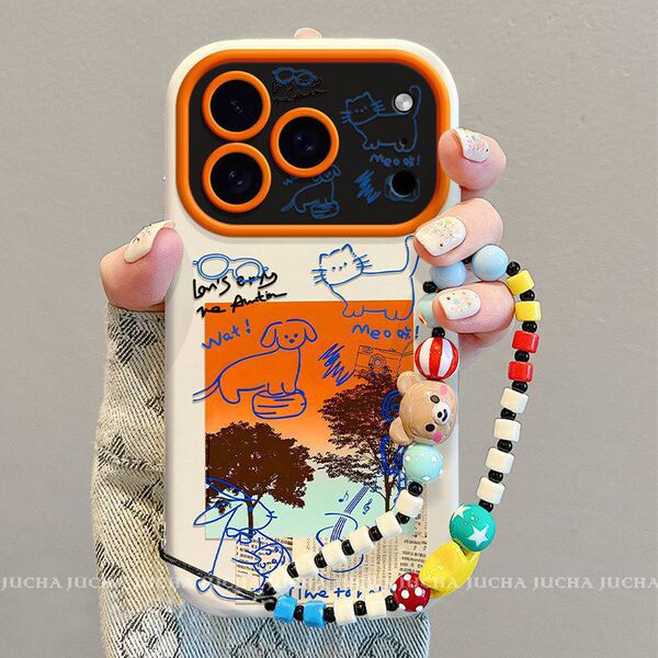 Coque iPhone antichoc motif coucher de soleil, chien et chat, avec dragonne