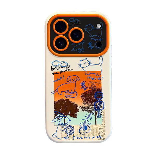 Coque iPhone antichoc motif coucher de soleil, chien et chat, avec dragonne