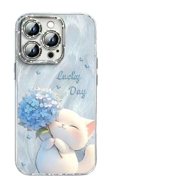 Coque iPhone avec dragonne et chaîne, motif chat et fleur, protection antichoc