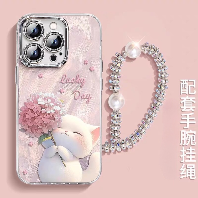 Coque iPhone avec dragonne et chaîne, motif chat et fleur, protection antichoc
