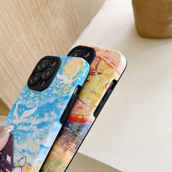 Coque iPhone style peinture à l'huile antichoc, pour iPhone 11 à 14 Pro Max