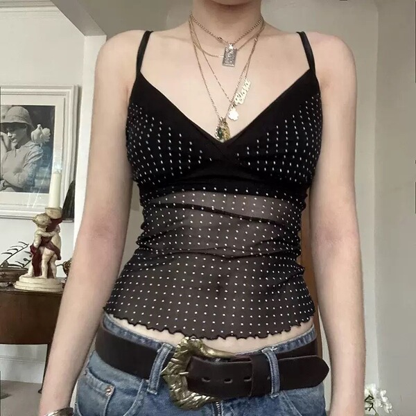 Débardeur femme noir à pois imprimé rétro, coupe ajustée