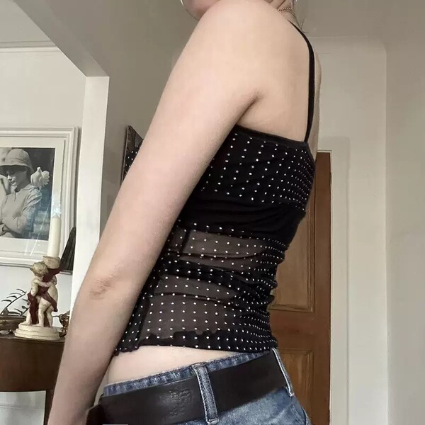 Débardeur femme noir à pois imprimé rétro, coupe ajustée