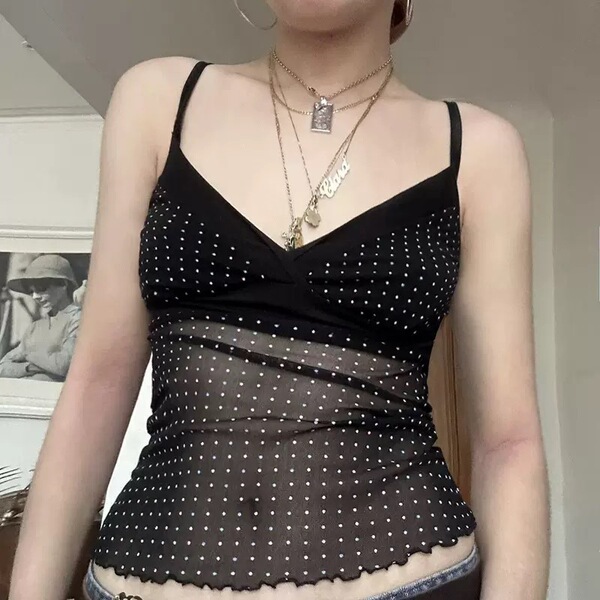 Débardeur femme noir à pois imprimé rétro, coupe ajustée
