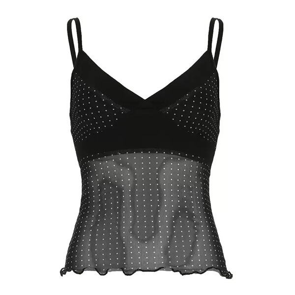 Débardeur femme noir à pois imprimé rétro, coupe ajustée