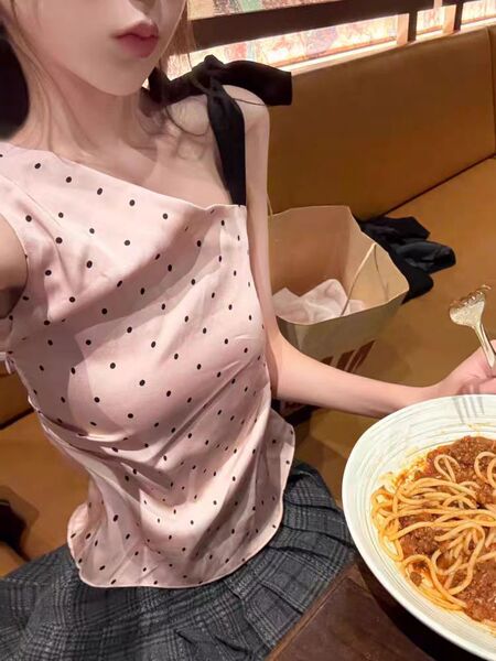 Débardeur femme sans manches rose à pois, coupe ajustée, été