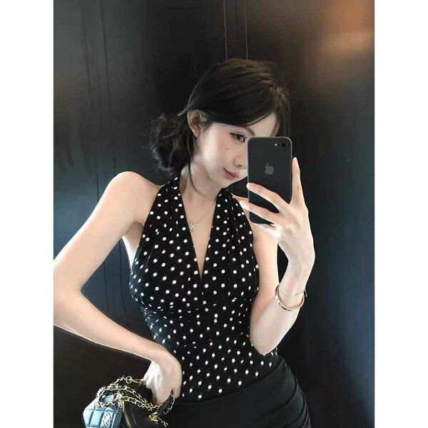 Débardeur licou femme à pois sans manches, coupe courte ajustée