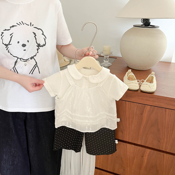 Ensemble été fille : top sans manches dentelle brodée et short à pois
