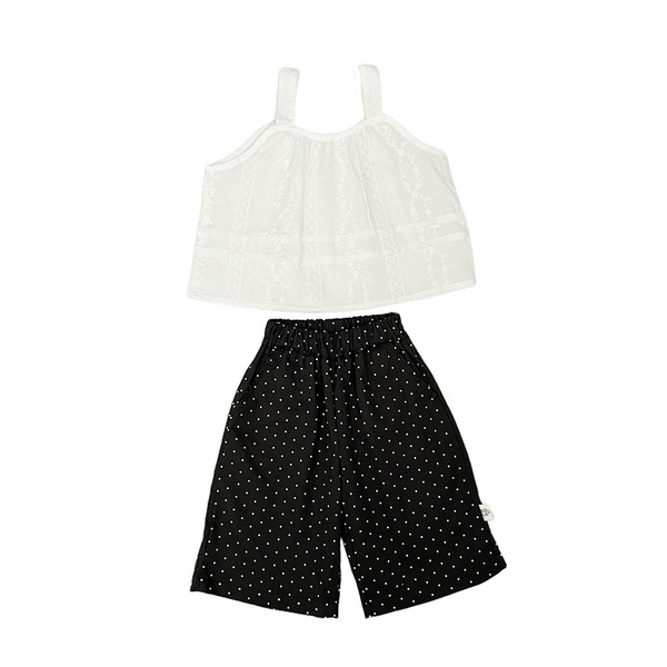 Ensemble été fille : top sans manches dentelle brodée et short à pois