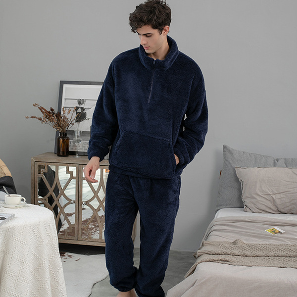Ensemble pyjama polaire corail homme femme, chaud, col rond, automne hiver