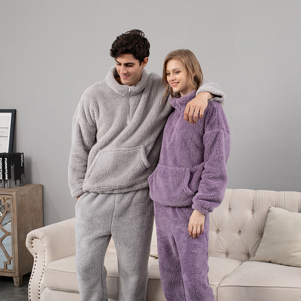 Ensemble pyjama polaire corail homme femme, chaud, col rond, automne hiver