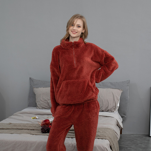 Ensemble pyjama polaire corail homme femme, chaud, col rond, automne hiver