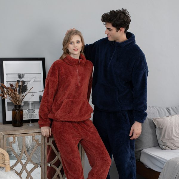 Ensemble pyjama polaire corail homme femme, chaud, col rond, automne hiver