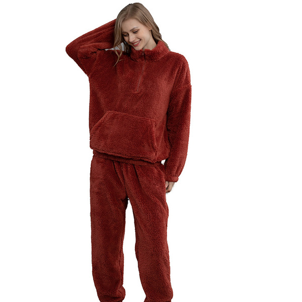 Ensemble pyjama polaire corail homme femme, chaud, col rond, automne hiver