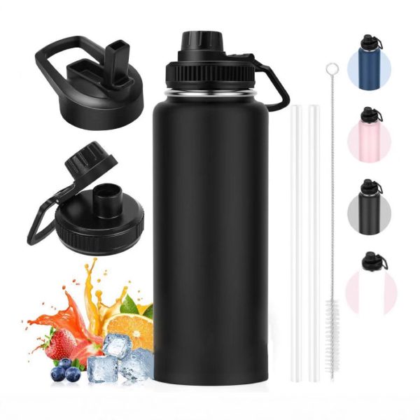 Gourde isotherme en acier inoxydable 1200 ml avec deux couvercles et pailles