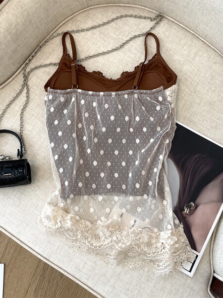 Haut camisole femme sans manches en dentelle à pois avec coques intégrées