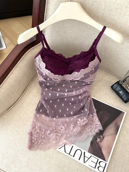 Haut camisole femme sans manches en dentelle à pois avec coques intégrées