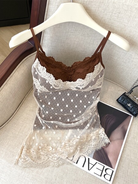 Haut camisole femme sans manches en dentelle à pois avec coques intégrées