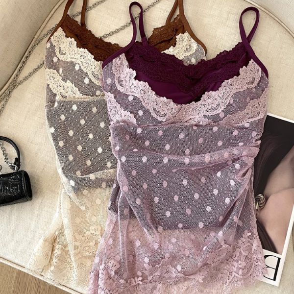 Haut camisole femme sans manches en dentelle à pois avec coques intégrées