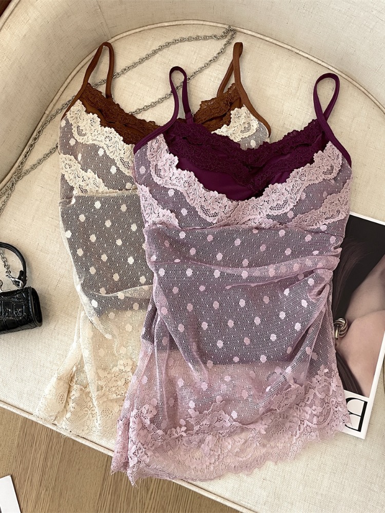 Haut camisole femme sans manches en dentelle à pois avec coques intégrées