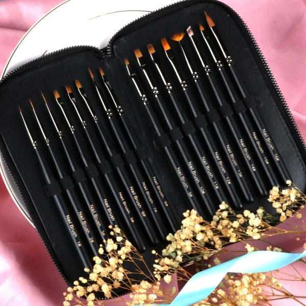 Kit de 16 pinceaux nail art pour ongles en gel, dégradés et fleurs avec étui