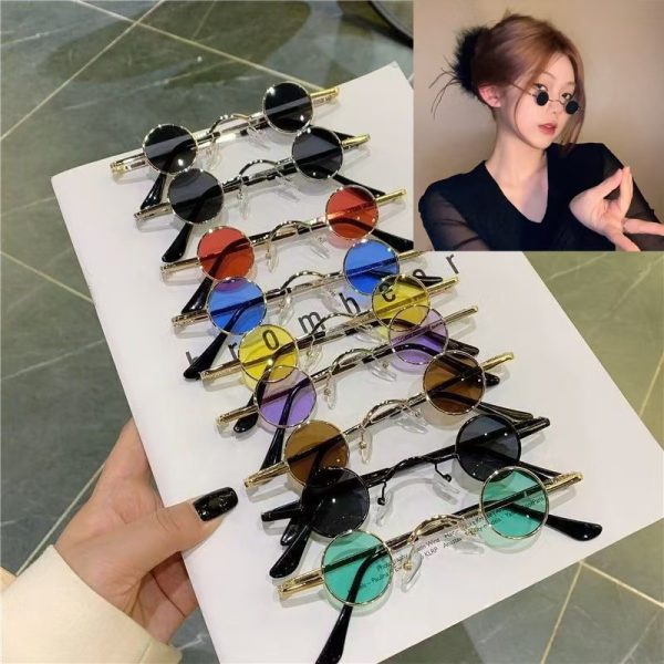 Lunettes de soleil rondes en métal style rétro, verres gris UV400
