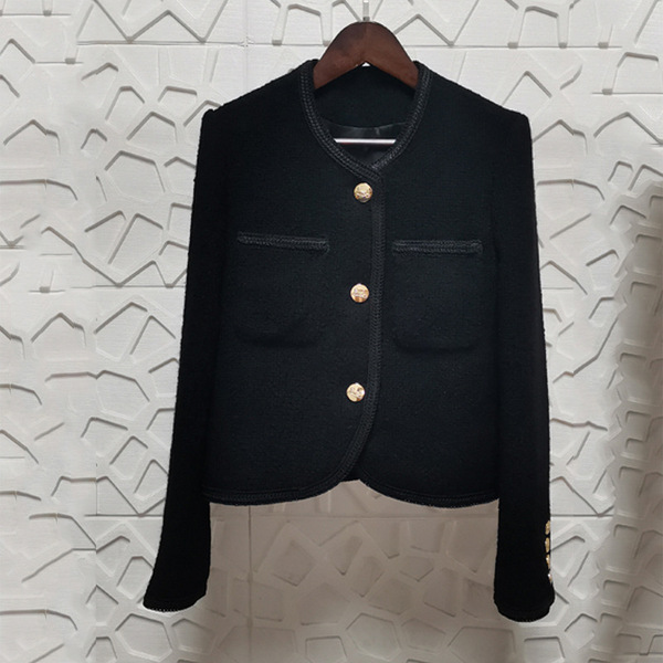 Manteau en laine femme coupe courte col rond style tweed élégant manches longues