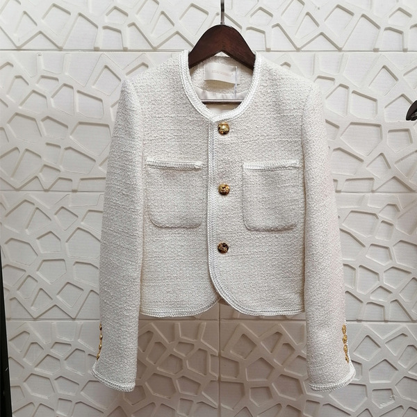 Manteau en laine femme coupe courte col rond style tweed élégant manches longues