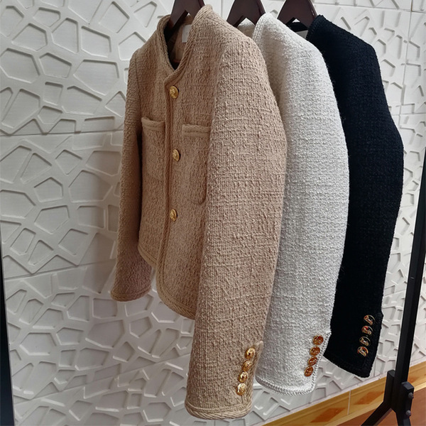 Manteau en laine femme coupe courte col rond style tweed élégant manches longues