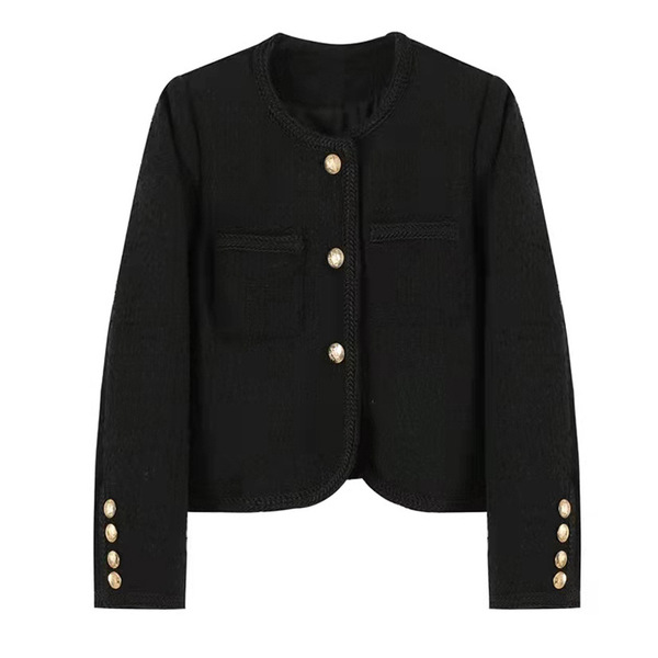Manteau en laine femme coupe courte col rond style tweed élégant manches longues