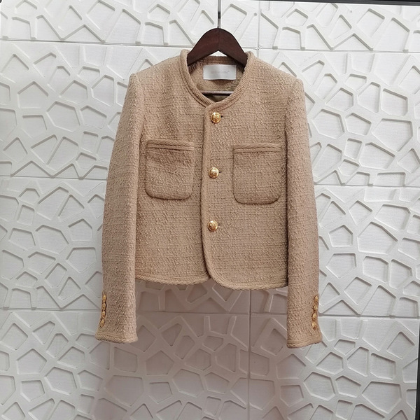 Manteau en laine femme coupe courte col rond style tweed élégant manches longues