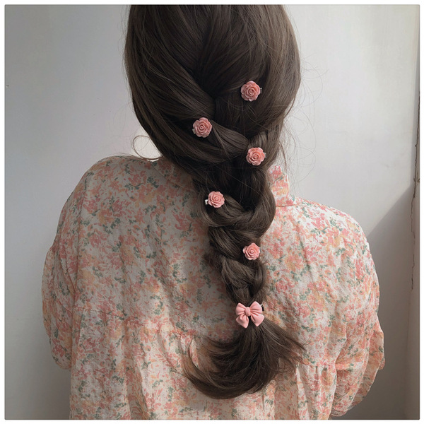 Pince à cheveux décorative fleur camélia et nœud rose pour femme