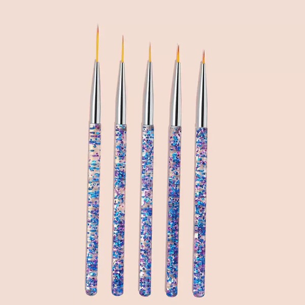 Pinceaux liner pour manucure, bleus transparents à paillettes, lot de 5