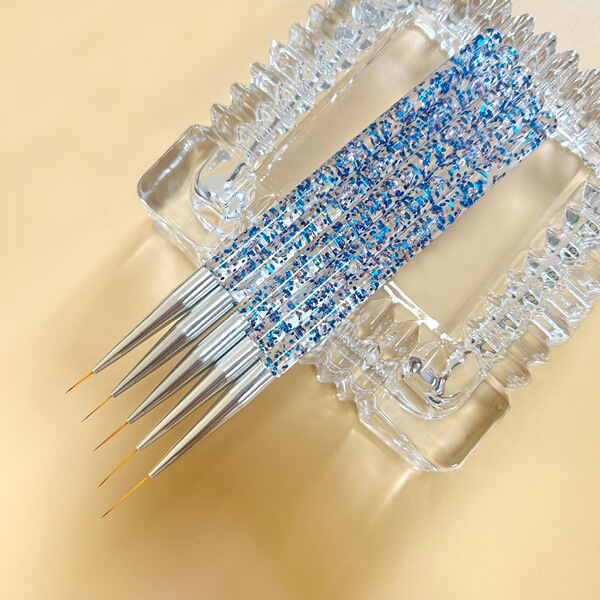 Pinceaux liner pour manucure, bleus transparents à paillettes, lot de 5