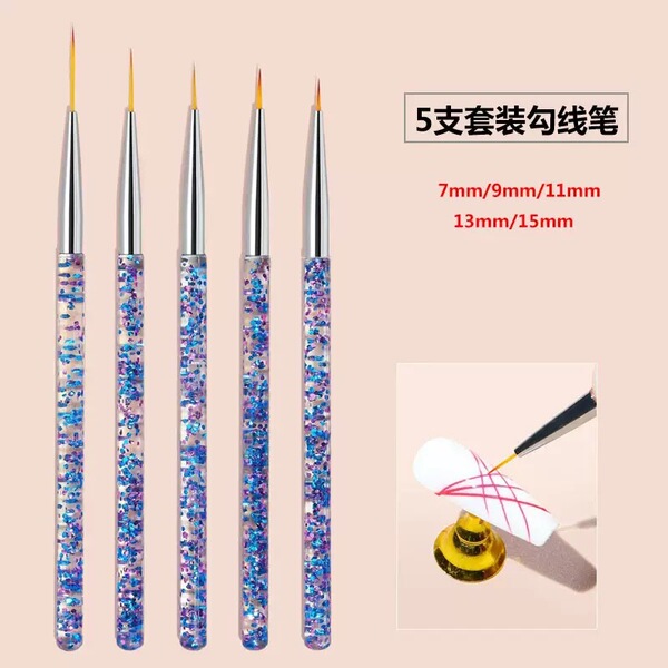 Pinceaux liner pour manucure, bleus transparents à paillettes, lot de 5